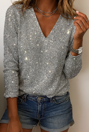 Glitter blouse dames | Feestelijke v-hals top met lange mouwen