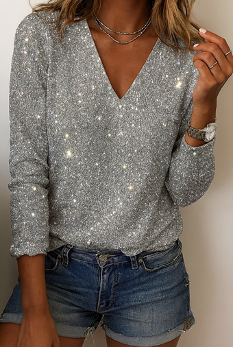 Glitter blouse dames | Feestelijke v-hals top met lange mouwen