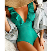 Women's swimsuit with ruffles and V-neck