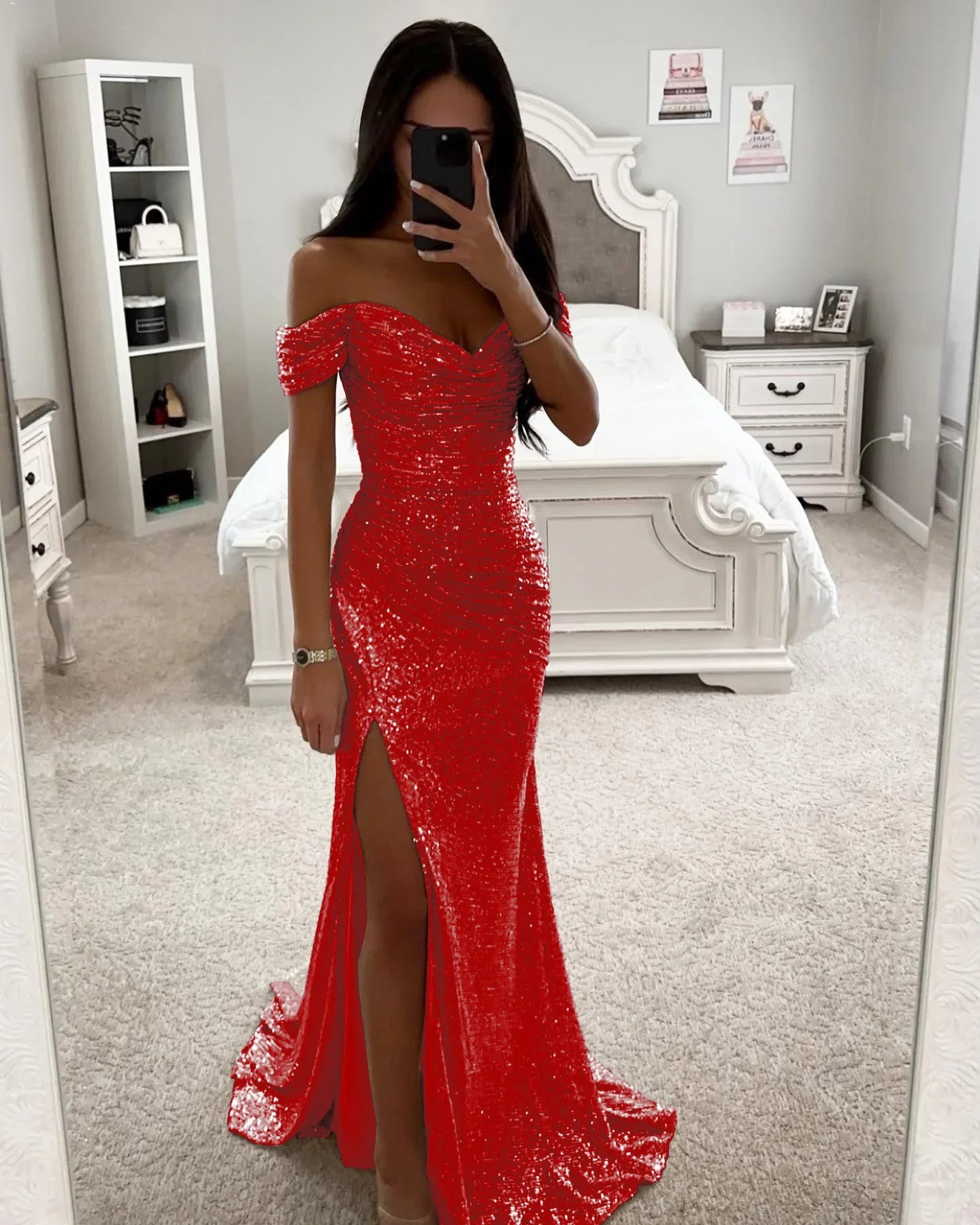 Glitter Zeemeermin Avondjurk met Off-Shoulder Hals