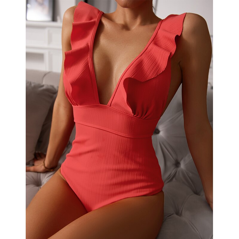 Women's swimsuit with ruffles and V-neck