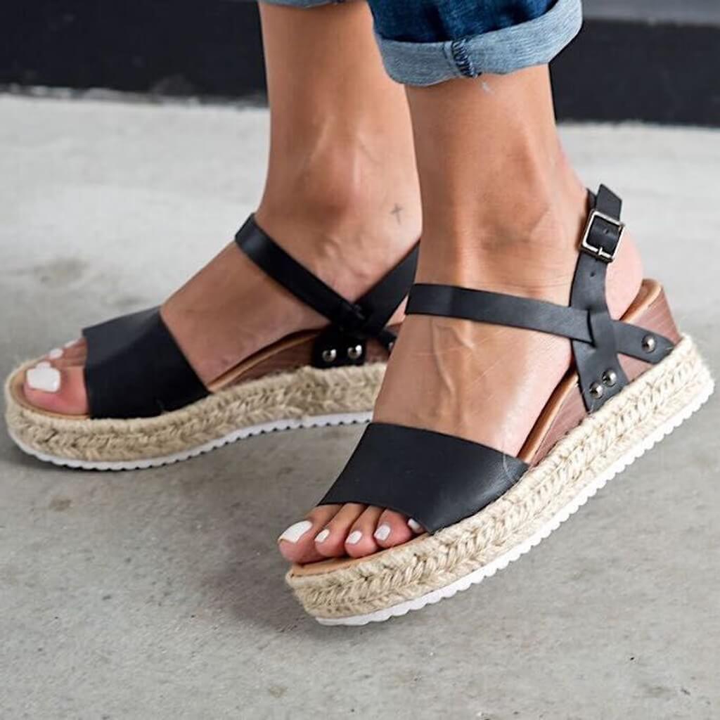 Dames platform sandalen met espadrille zool en enkelbandje