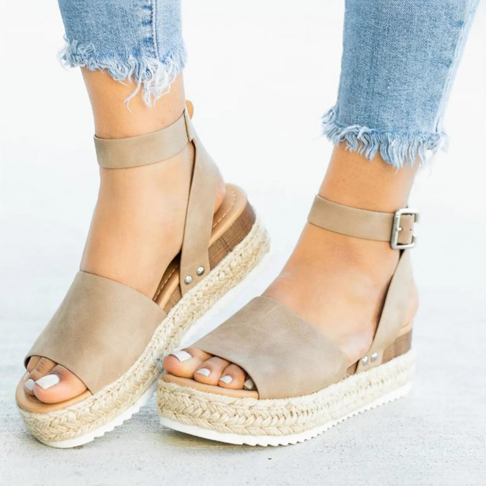 Dames platform sandalen met espadrille zool en enkelbandje