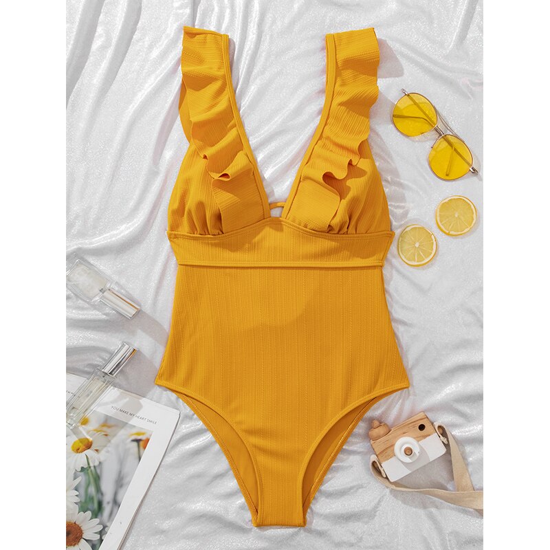 Women's swimsuit with ruffles and V-neck