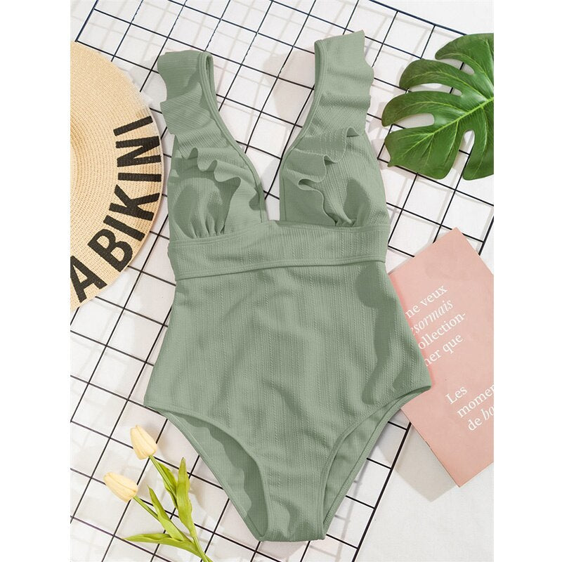 Women's swimsuit with ruffles and V-neck