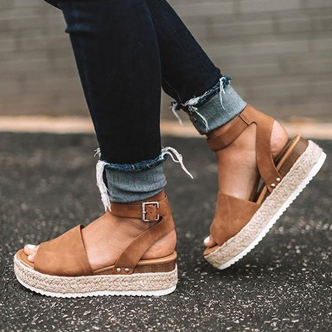Dames platform sandalen met espadrille zool en enkelbandje