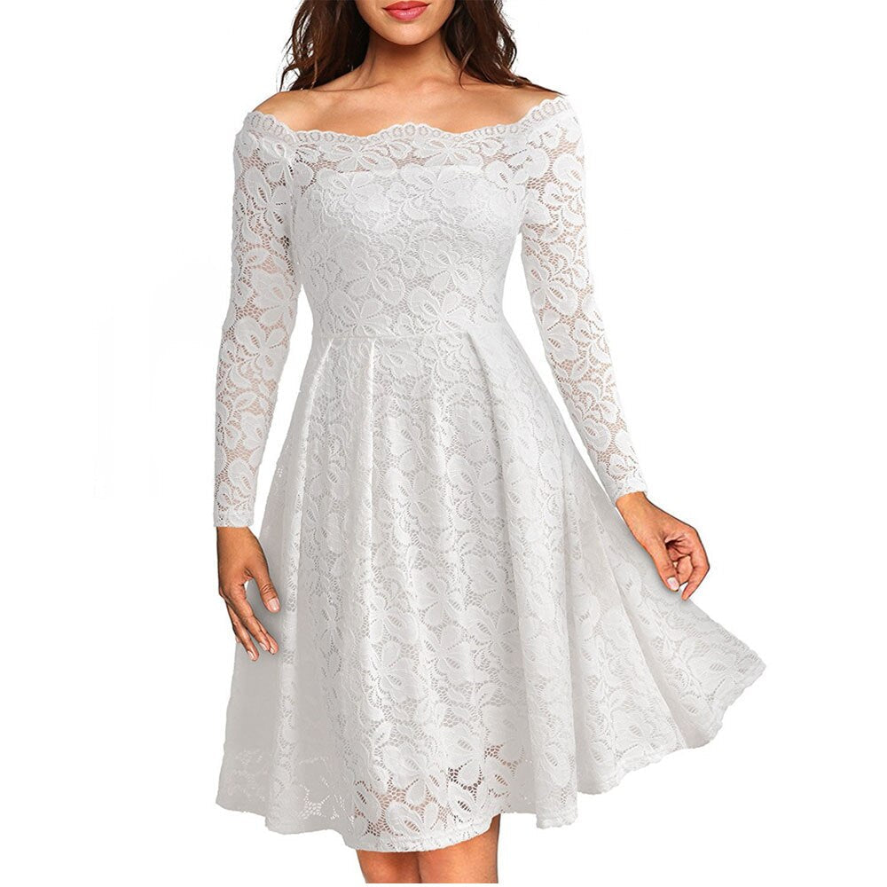 Dames zomerjurk midi met off-shoulder hals en kant