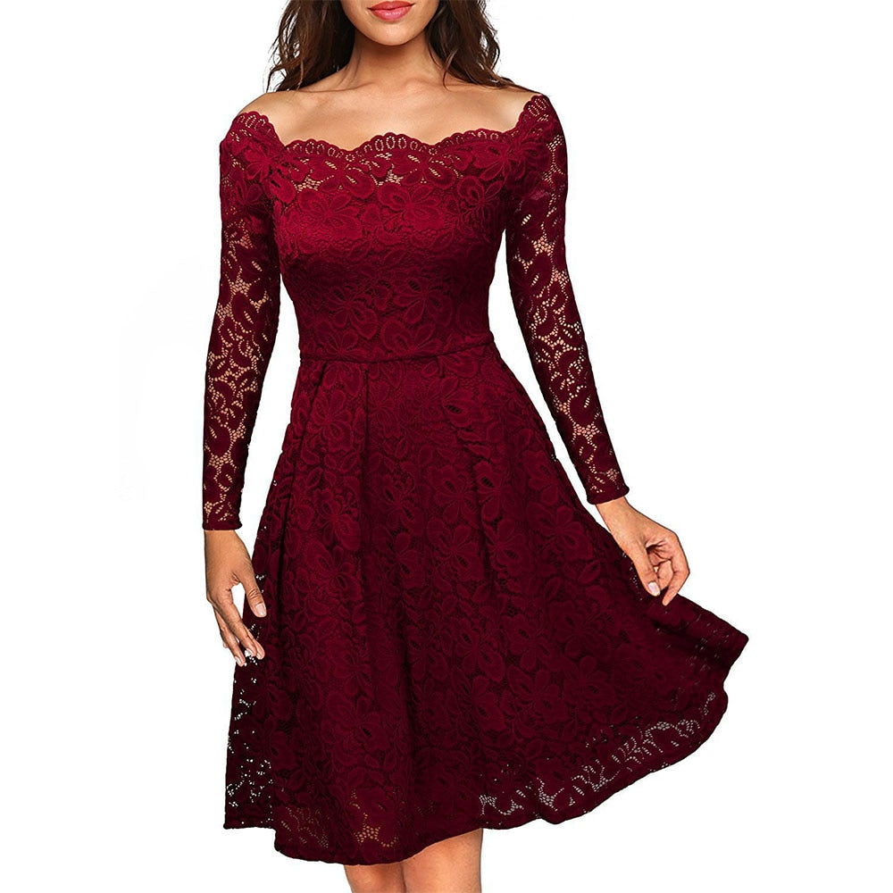 Dames zomerjurk midi met off-shoulder hals en kant