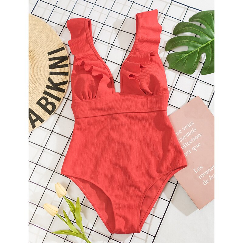 Women's swimsuit with ruffles and V-neck