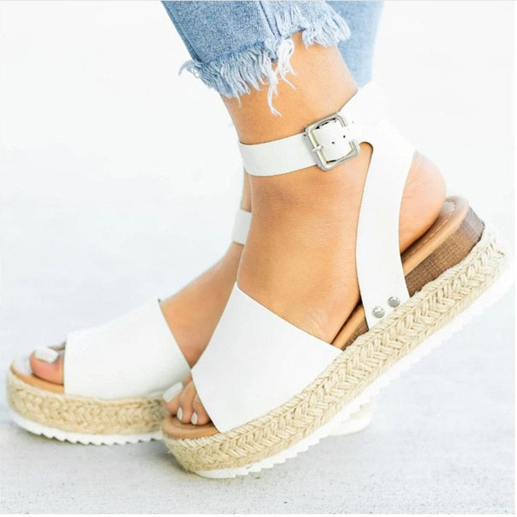Dames platform sandalen met espadrille zool en enkelbandje
