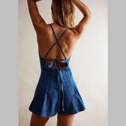 Denim Playsuit met Diepe V-hals en Open Rug