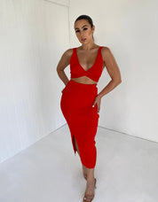 Dames zomerset met bralet in rood - Cropped top en split rok midi