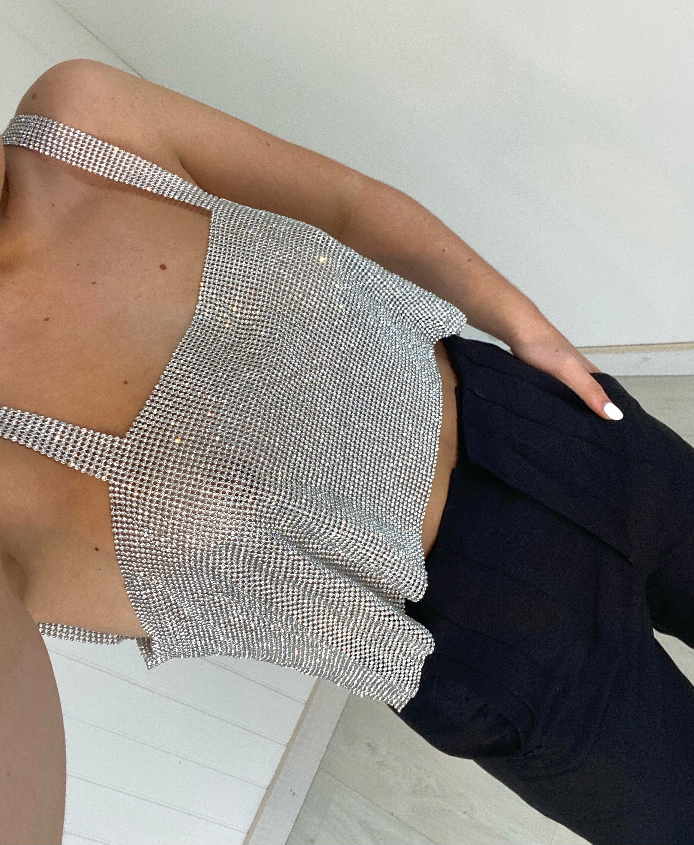 Dames crop top met diamanten en verstelbare sluiting - Feestelijk