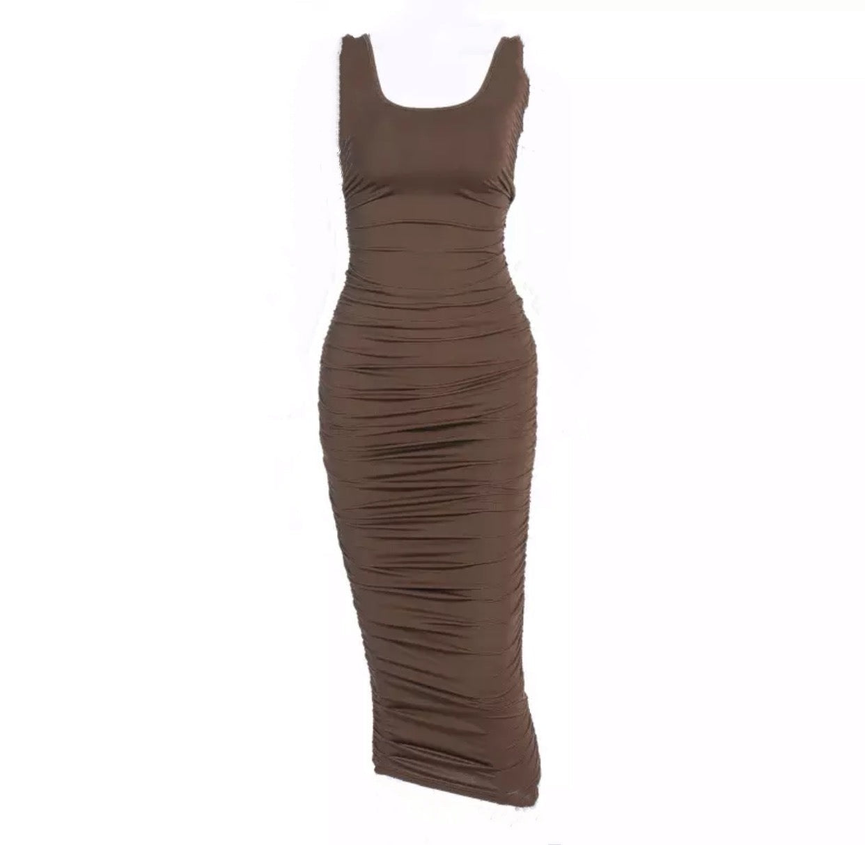 Getailleerde bruine zomerjurk dames - Met ruches en bandjes