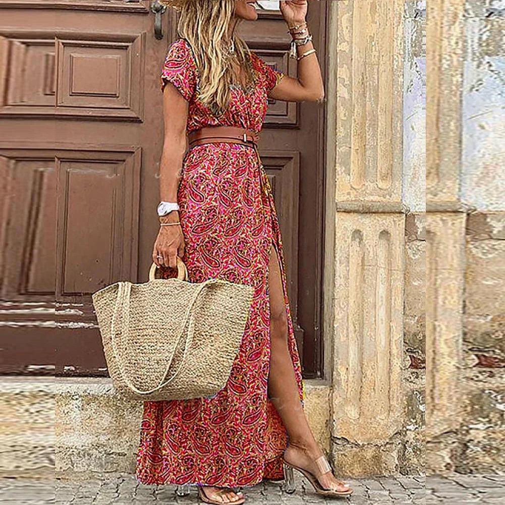 Dames bohemian zomerjurk maxi met ceintuur en lange mouwen