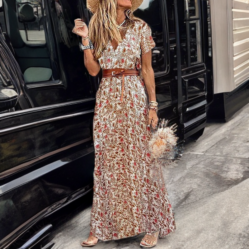 Dames bohemian zomerjurk maxi met ceintuur en lange mouwen
