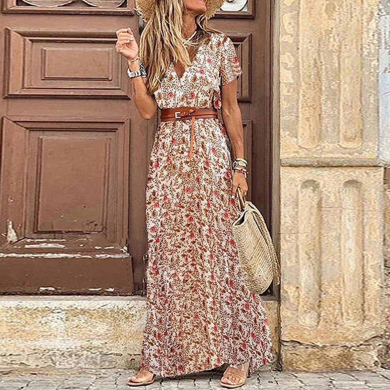Dames bohemian zomerjurk maxi met ceintuur en lange mouwen