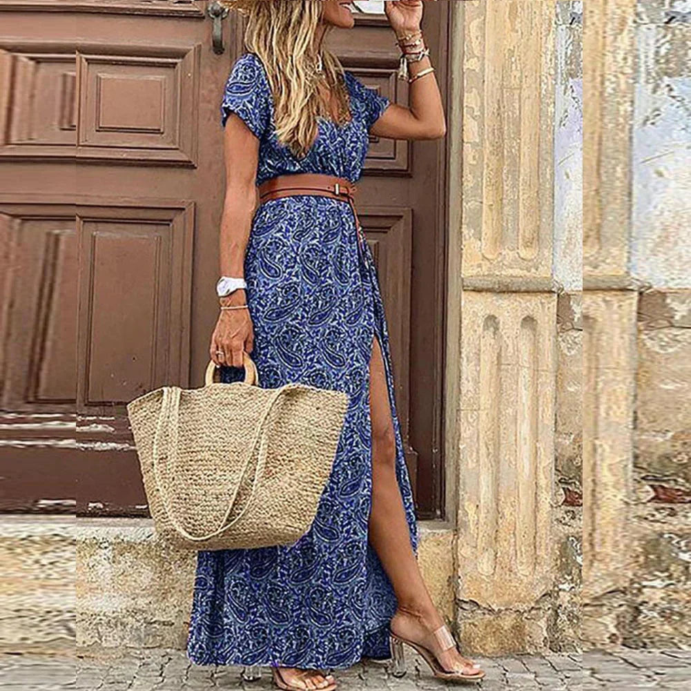 Dames bohemian zomerjurk maxi met ceintuur en lange mouwen