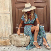 Dames bohemian zomerjurk maxi met ceintuur en lange mouwen