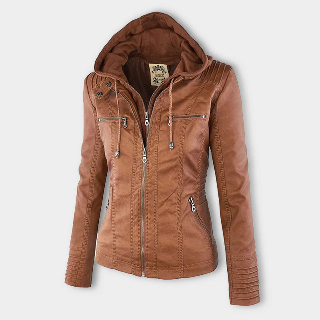 Dames leder-look winterjack met capuchon
