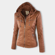 Dames jas met capuchon | Getailleerde jas in leren look