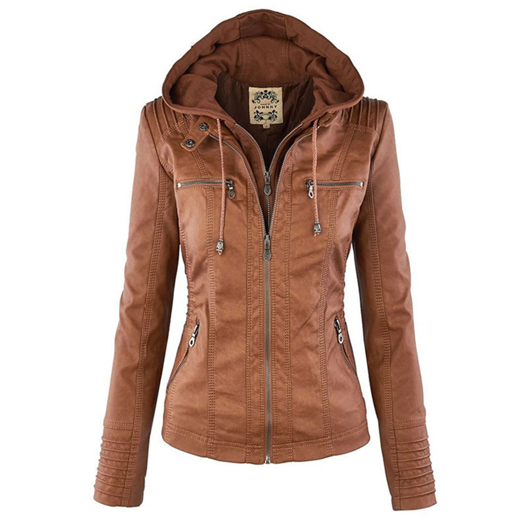 Dames jas met capuchon | Getailleerde jas in leren look