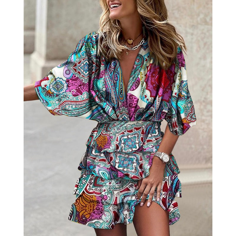 Dames zomerjurk met bloemenprint en elastische tailleband