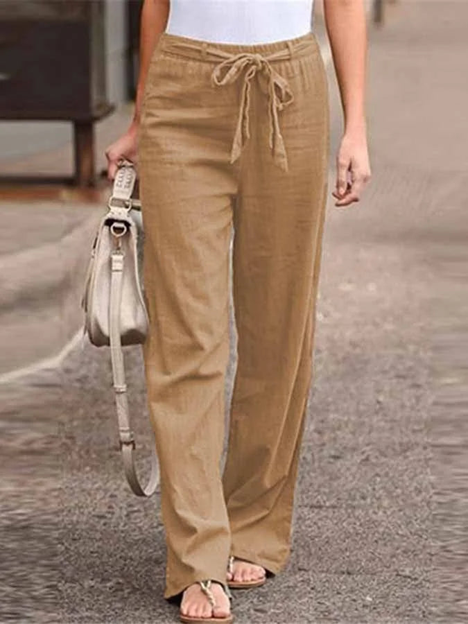 Dames linnen broek met hoge taille en strikceintuur