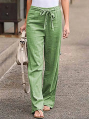 Dames linnen broek met hoge taille en strikceintuur