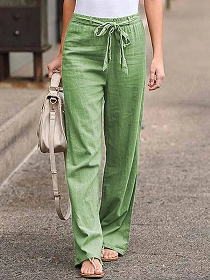 Dames linnen broek met hoge taille en strikceintuur