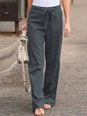 Dames linnen broek met hoge taille en strikceintuur