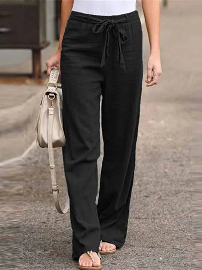 Dames linnen broek met hoge taille en strikceintuur