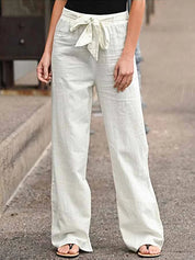 Dames linnen broek met hoge taille en strikceintuur