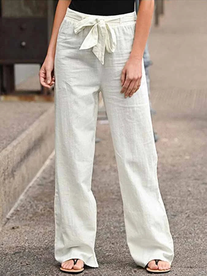 Dames linnen broek met hoge taille en strikceintuur