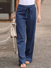 Dames linnen broek met hoge taille en strikceintuur