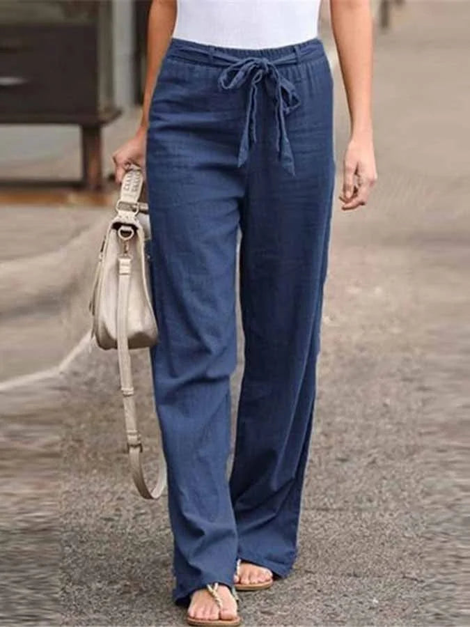 Dames linnen broek met hoge taille en strikceintuur