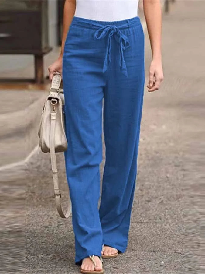Dames linnen broek met hoge taille en strikceintuur