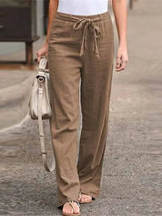 Dames linnen broek met hoge taille en strikceintuur
