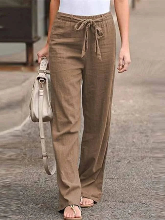 Dames linnen broek met hoge taille en strikceintuur