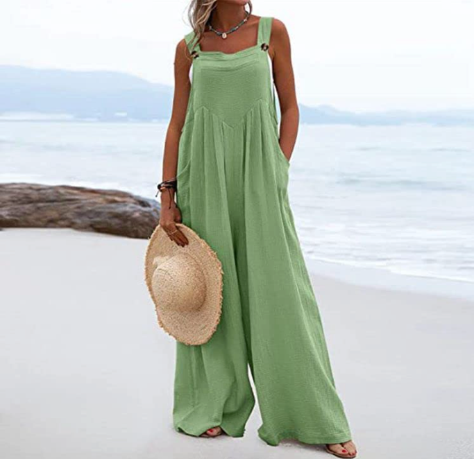 Dames linnen look jumpsuit met losse pasvorm en zijzakken