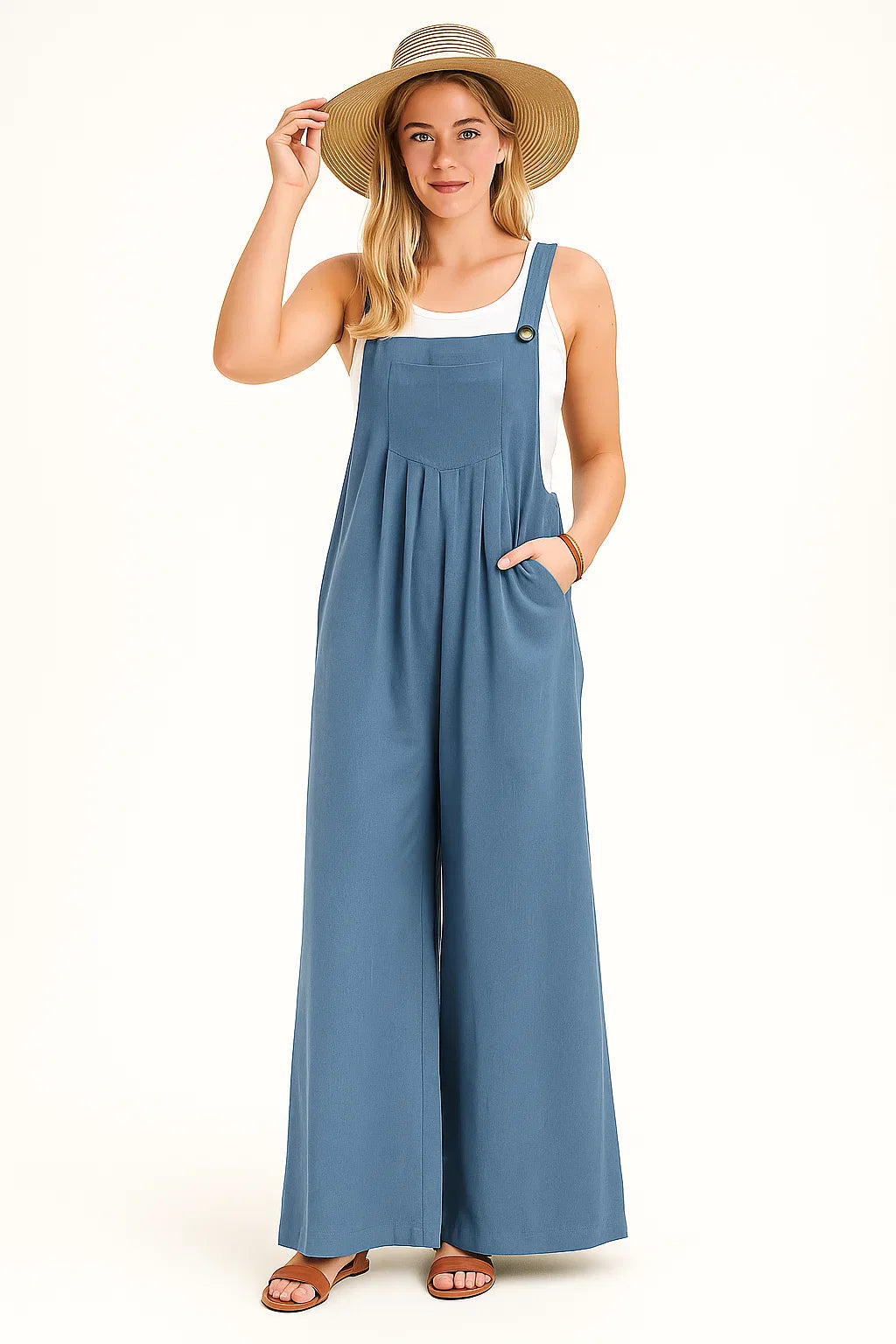 Dames linnen look jumpsuit met losse pasvorm en zijzakken