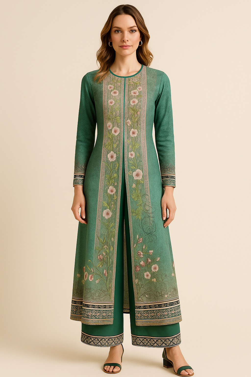 Ladies summer set green with gold pattern - Kurti with slit