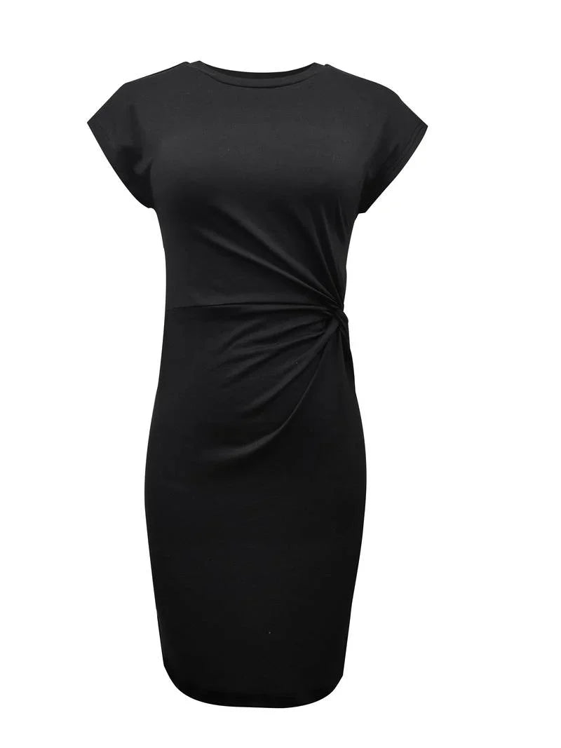 Dames jurk met ronde hals en taille detail | Korte mouw en knielengte