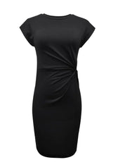 Dames jurk met ronde hals en taille detail | Korte mouw en knielengte