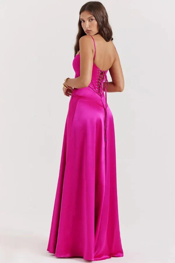 Satijnen Corset Maxi Jurk met Lace-Up Rug