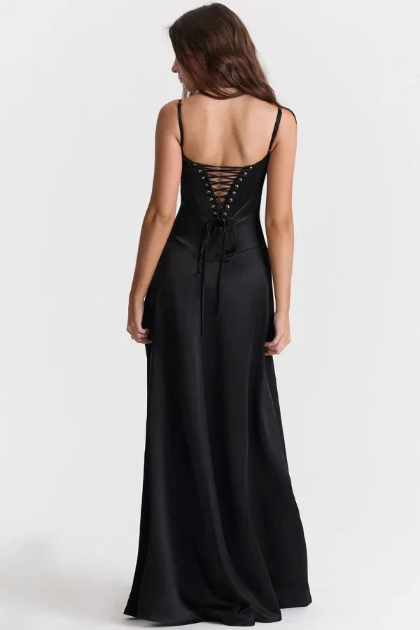 Satijnen Corset Maxi Jurk met Lace-Up Rug