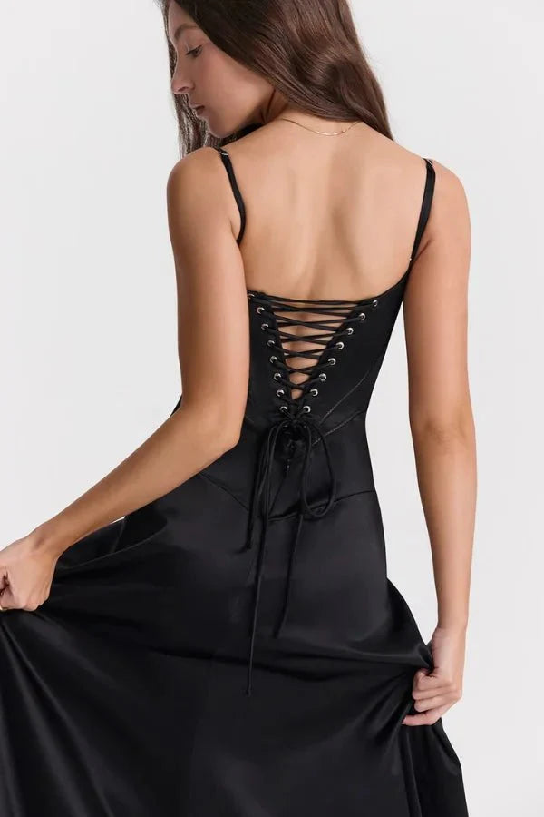 Satijnen Corset Maxi Jurk met Lace-Up Rug