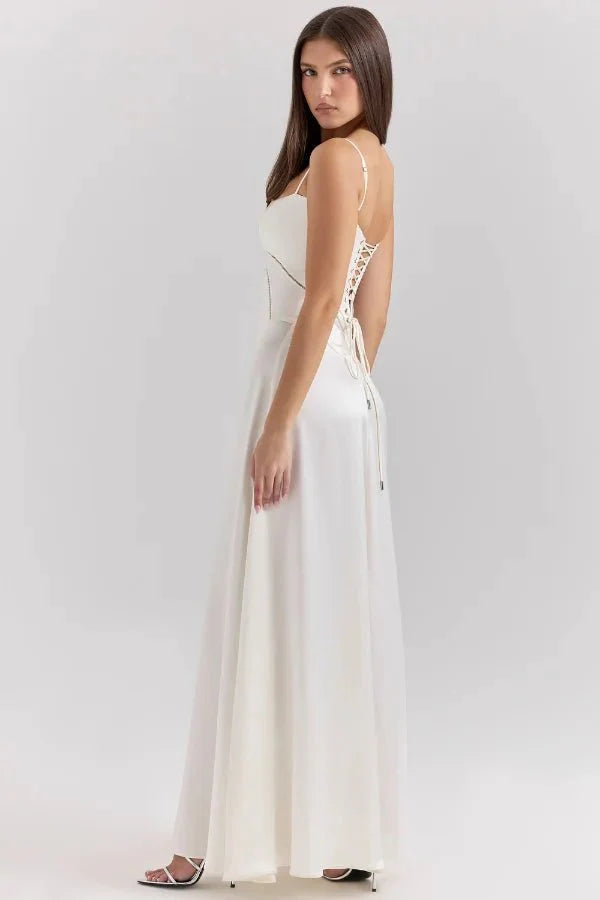 Satijnen Corset Maxi Jurk met Lace-Up Rug