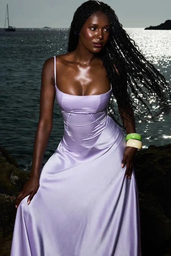 Satijnen Corset Maxi Jurk met Lace-Up Rug