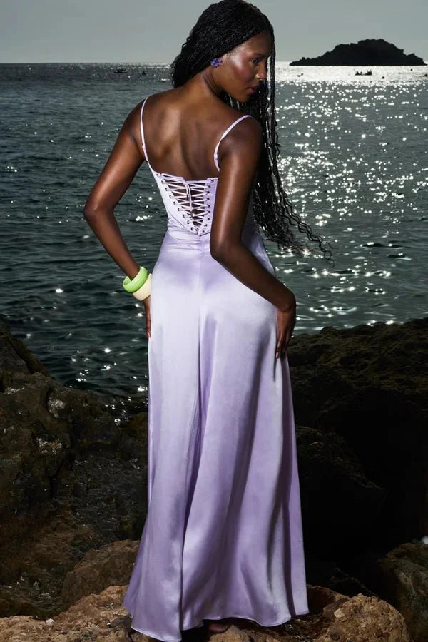 Satijnen Corset Maxi Jurk met Lace-Up Rug